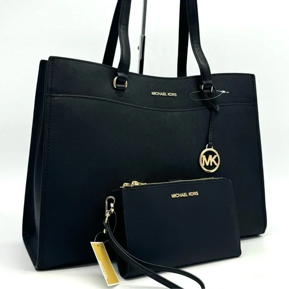 Michael Kors Large MF Pocket Shoulder Tote Bag & Double Zip Wallet Black/Gold